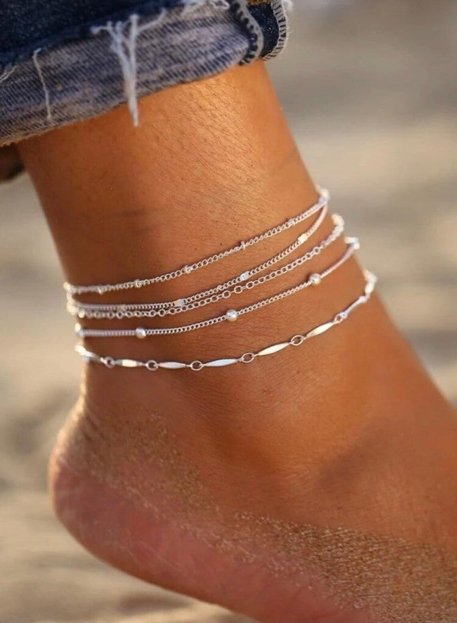Rotnso Anklets for Women Silver Plated Ankle Bracelets Trendy Waterproof Boho Chain Link Anklets Set Dainty Cute Beaded Satellite Non Tarnish Simple Summer Beach Body Foot Jewelry Gift - Image 2